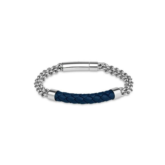 Forever New Stainless Steel Flexible ID Dark Blue Leather Bracelet 8.5Inches