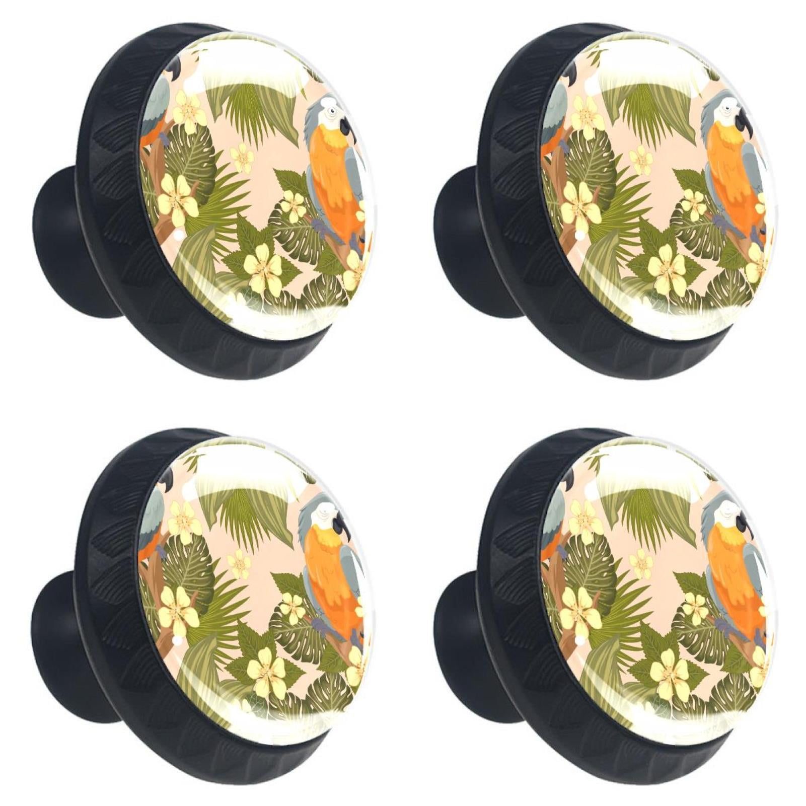 Ownta Parrot Pattern Black Round Glass Drawer Handles Knobs Pulls With ...