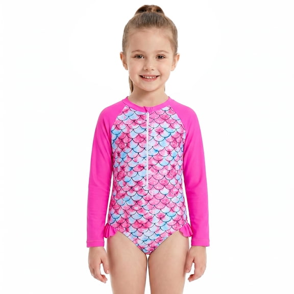 Girls One Piece Swimsuit Mermaid Scale Print Long Sleeve Costume Rash Guard Swimsuit for Girls Ages 6T
