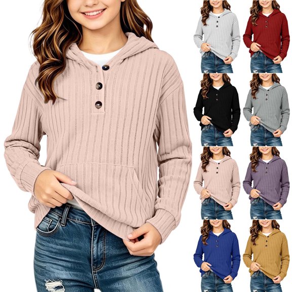 FRSASU Kids Girls Ribbed Knit Pullover Hoodie Long Sleeve Henley Button Front Casual Hooded Sweatshirt with Kangaroo Pocket Yellow