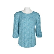 Adrianna Papell Scoop Neck 3-4 Elastic Cuff Sleeve Multi Print 1 Button Keyhole Back Knit Moss Crepe Top-TEAL SIMPLE DISTY / S