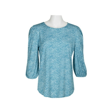 Adrianna Papell Scoop Neck 3-4 Elastic Cuff Sleeve Multi Print 1 Button Keyhole Back Knit Moss Crepe Top-TEAL SIMPLE DISTY / S