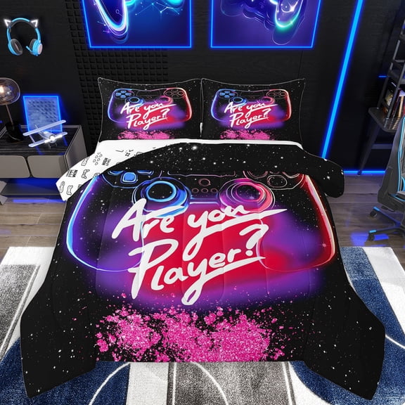 Homewish Teens Colorful Gamepad Bedding Comforter Set,Modern Gamer Twin Comforter Sets,Pink Glitter Print Bedding Set For Boys Kids,Ultra Soft Home Decor Reversible,2pcs