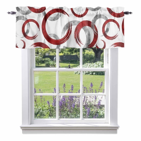 Vintage Red Gray Circle Lines Valances for Windows, Abstract Art White Background Valance Window Treatment Rod Pocket Short Curtains Valances for Kitchen Bathroom 42"W x 12"L
