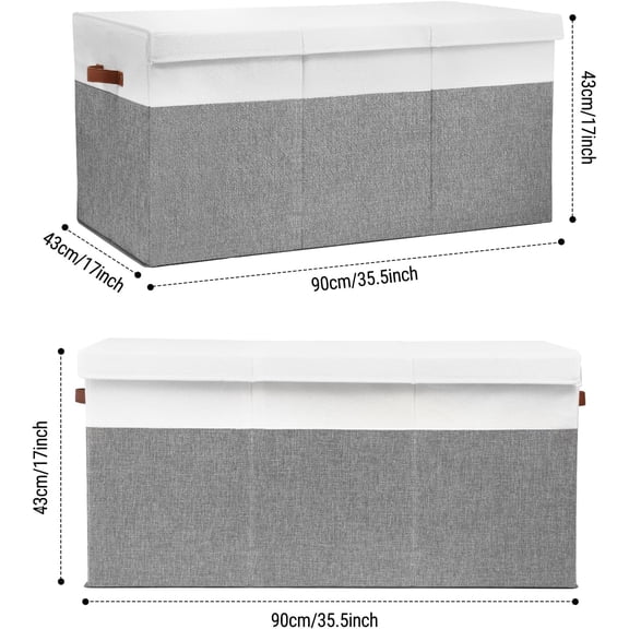 Extra Large Toy Storage Box with Lid, Sturdy Toys Storage Chest Bin Organizer Basket with Dividers for Kids, Boys, Girls, Nursery, Closet, Bedroom, Playroom 35.5"x17" x17"(Grey and White)