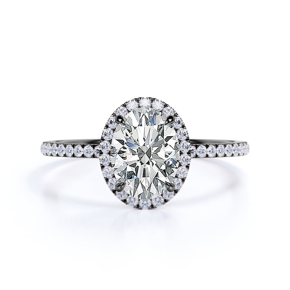 JeenMata 1.75 Carat oval cut Moissanite Halo Engagement Ring in 18k Black Gold Over Silver