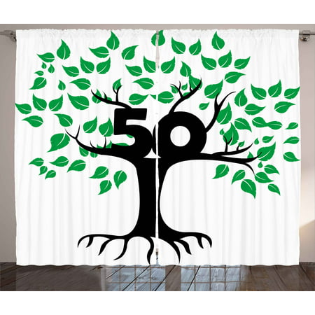 50th Birthday Curtains 2 Panels Set, Stylized Tree Icon with Number Fifty Growth Aging Nature Theme Print, Window Drapes for Living Room Bedroom, 108W X 108L Inches, Green and Black, by