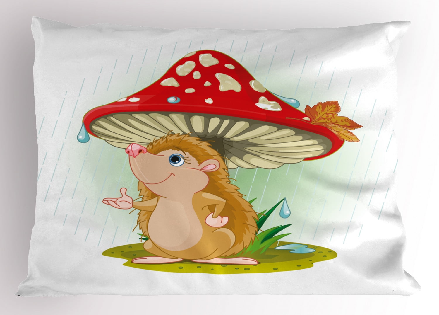 Hedgehog Pillow Sham Cute Hedgehog Sheltering from the Rain under an