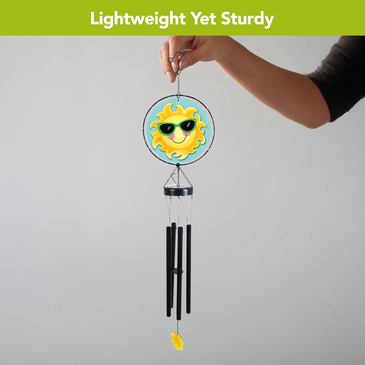 Briarwood Lane LED Illuminated Solar Powered Glass Suncatcher  Wind Chime 37x8 Hello Summer Sun For Summer Wind Chime For Outdoors Melodic Metal Windchimes Wind-Chimes