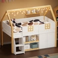 thumbnail image 3 of Euroco Twin Size Loft Bed with Shelf and Wardrobe, House Bed with LED Light and Cabinets, White, 3 of 12