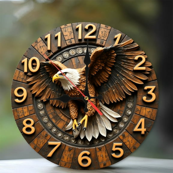Eagle Wood Wall Clock(1) 10-Inch Silent Wooden Wall Clock, Battery Operated (AA Batteries Not Included), Artistic Home Decor