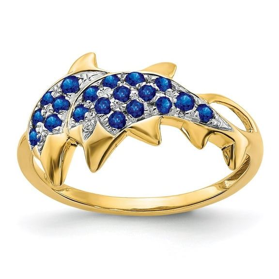 14K Yellow Gold Ring Band Gemstone Sapphire Round Blue Diamond