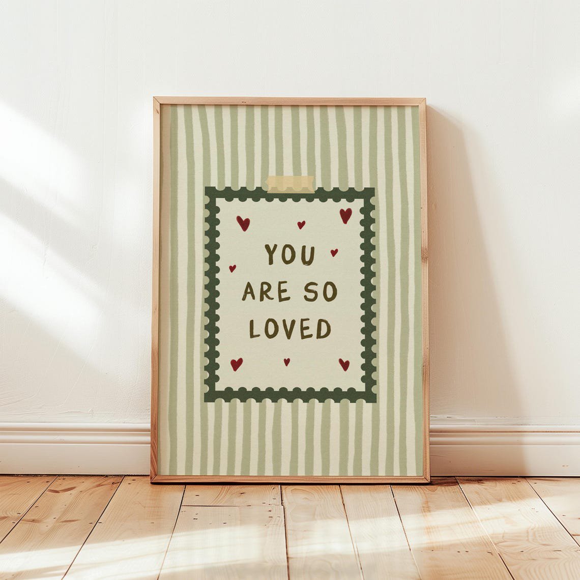 You Are So Loved: Green Nursery Quote Kids Room Homely Playroom Wall Art Striped Toddler Physical Print, Poster Only