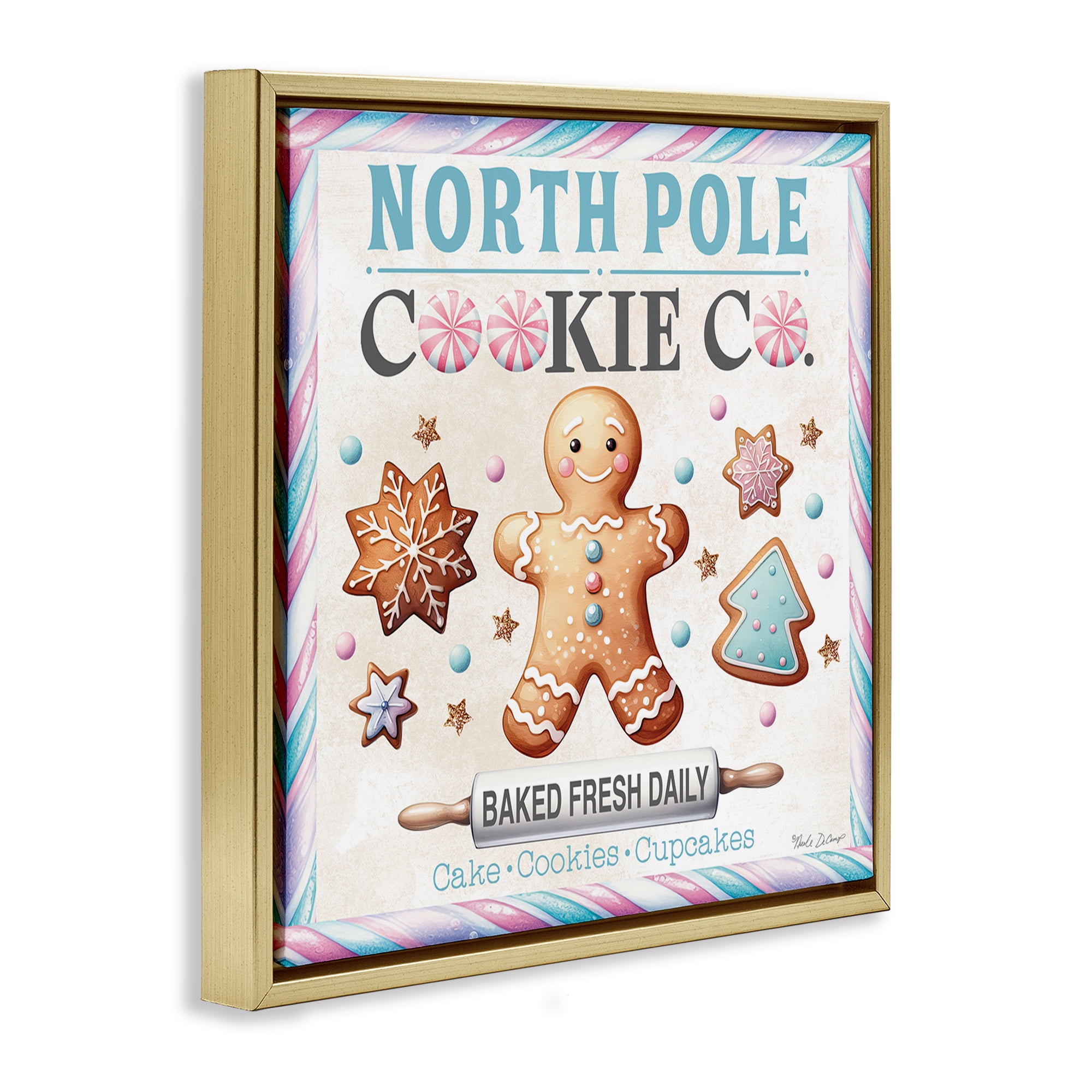 Stupell Industries Gingerbread Cookie Co Holiday Painting Gold Floater Framed Canvas Art Prints Wall Art, 25 x 25