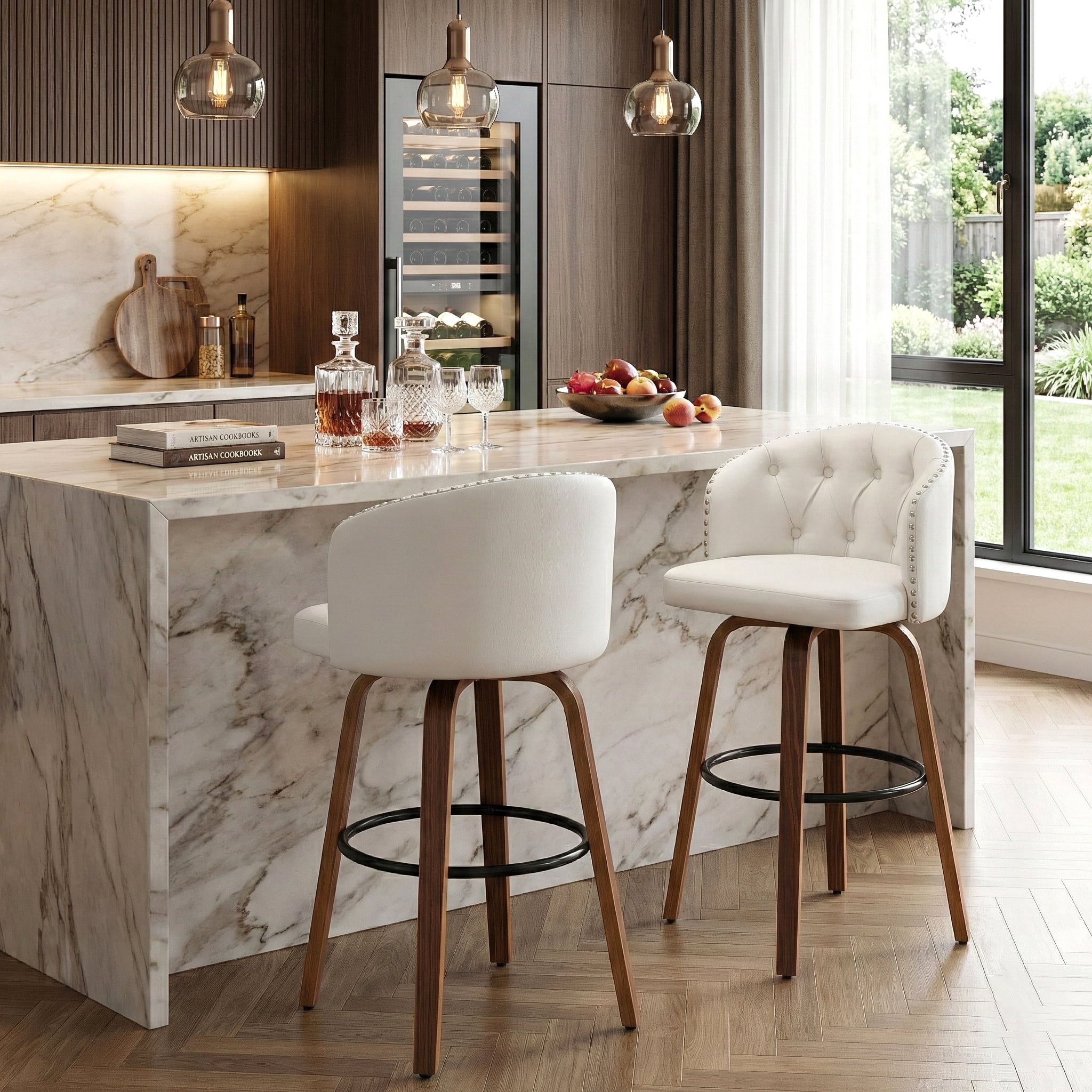 Fahomiss 28" Swivel Bar Stools with Back Set of 2, Leather Farmhouse Bar Height Stools, White