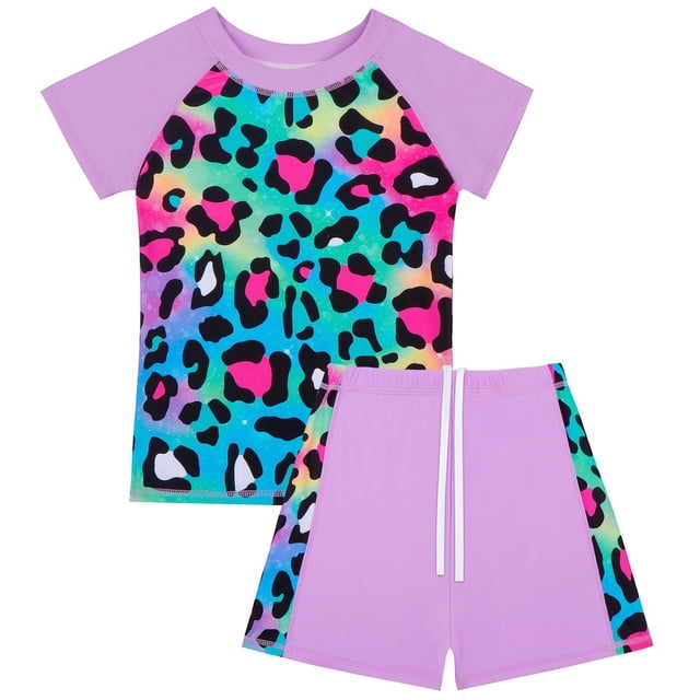 Toimothcn Girl's Swimsuit Short Sleeve Casual Patchwork Leopard Printed 2 Piece Bathing Set Quickly Dry Cover Up Swimwear 6-7 Years