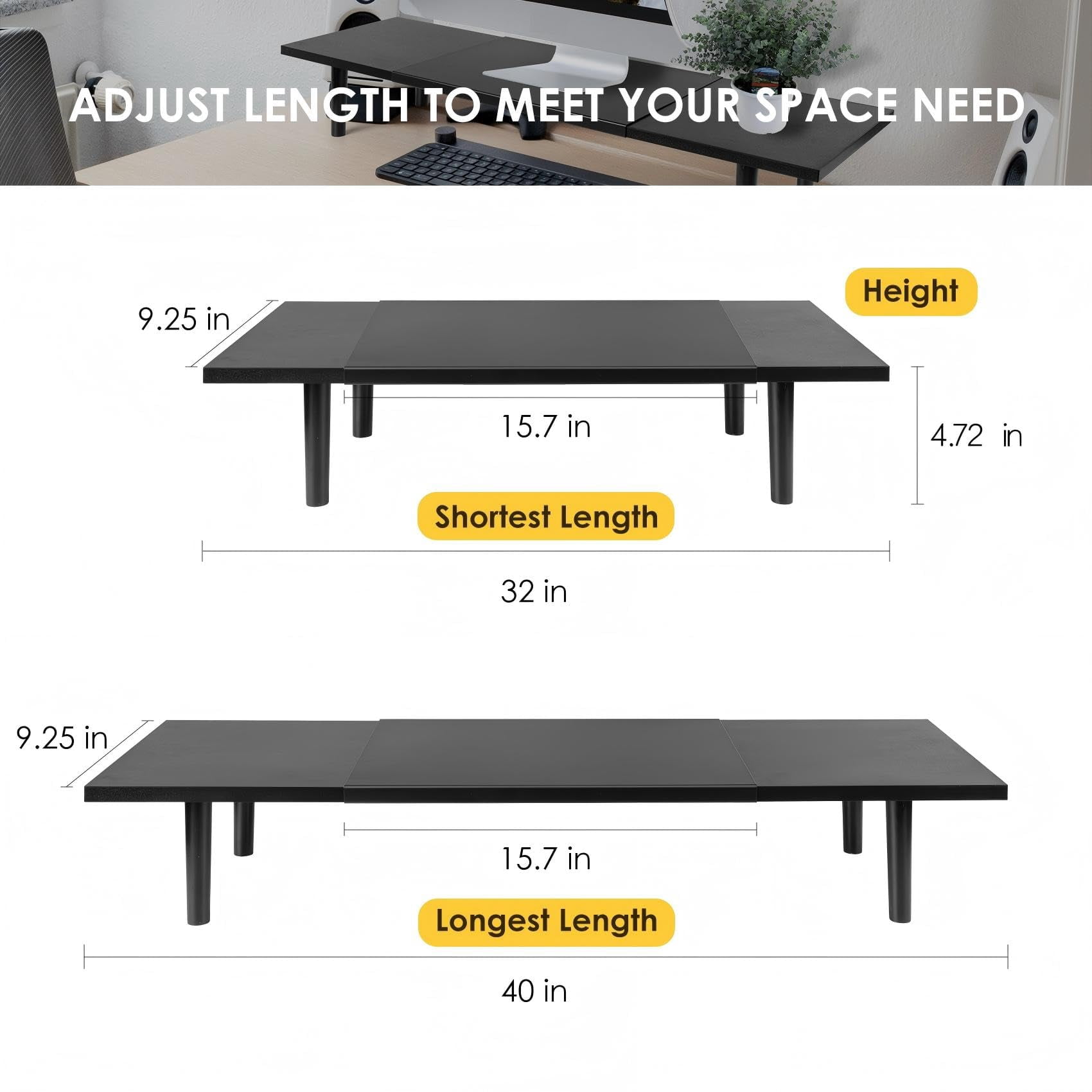Dual-monitor-stand-riser-for-desk Adjustable Length 32-40 Inch Large Desktop Computer Monitor Riser For 2 Screens Desk Shelf Organizer Stand Computer/laptop/pc/printer/tv Black