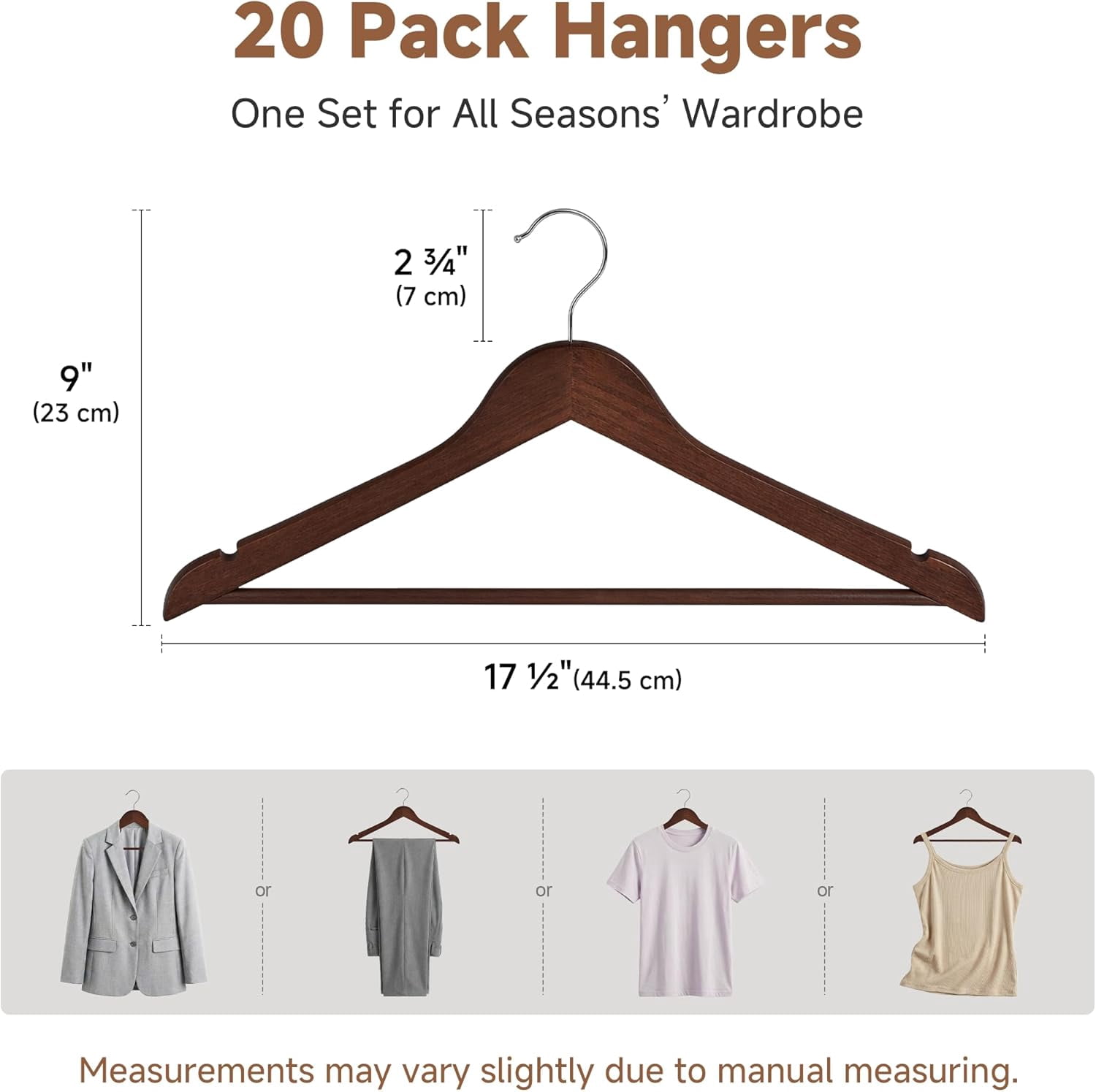 Storageworks Wood Hangers 20 Pack, Premium Wooden Coat Hangers with Contoured Shoulders, Non-Slip Pant Bar, Heavy Duty Suit Hangers, Walnut
