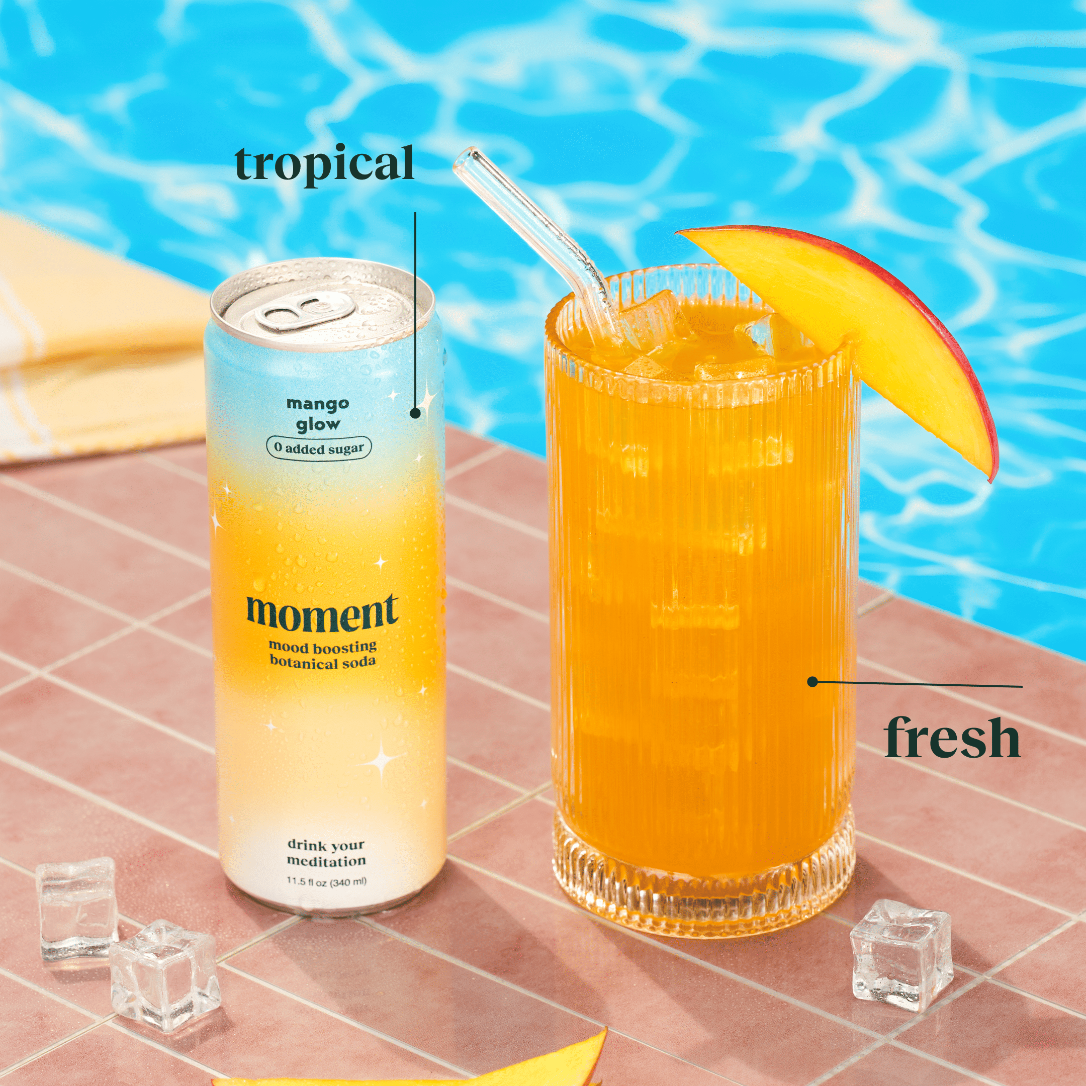 Moment Adaptogen Drink Mango Glow Sparkling Soda, 11.5 Oz, 12 Pack Cans