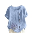 thumbnail image 2 of Blczomt Womens Spring Tops Summer Cotton Linen Short Sleeve Shirt Trendy Casual Blue Button Womens Plus Size Blouses, 2 of 4