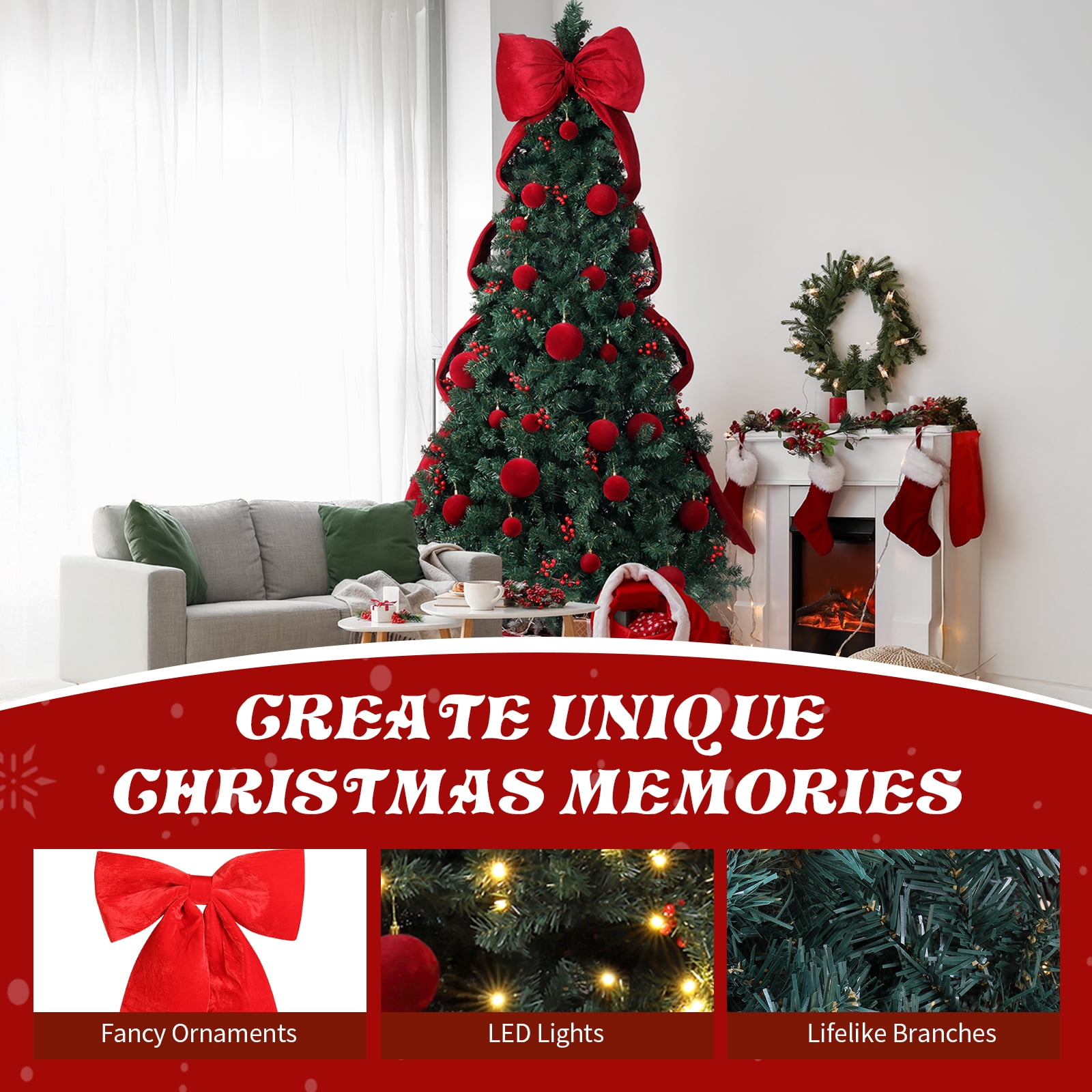 Astoutdoor 7.5 ft Artificial Christmas Tree with 300 Warm White LED Lights, Hinged Pine Tree with Bowknot and Red Ball Ornaments, Dark Green
