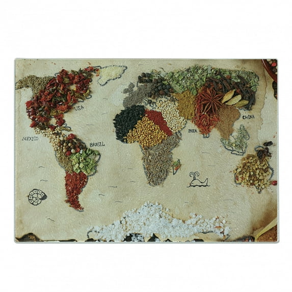 World Map Cutting Board, Different Spices Design Food Bohemian Style Art Atlas Style, Decorative Tempered Glass Cutting and Serving Board, Small Size, Multicolor, by Ambesonne