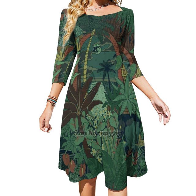 Robe Dos Nu à Lacets Vert du Crépuscule Robe Col Carré Robe Imprimée Mode 6TG Plantes Tropicales Humides Nature Vert Nuit
