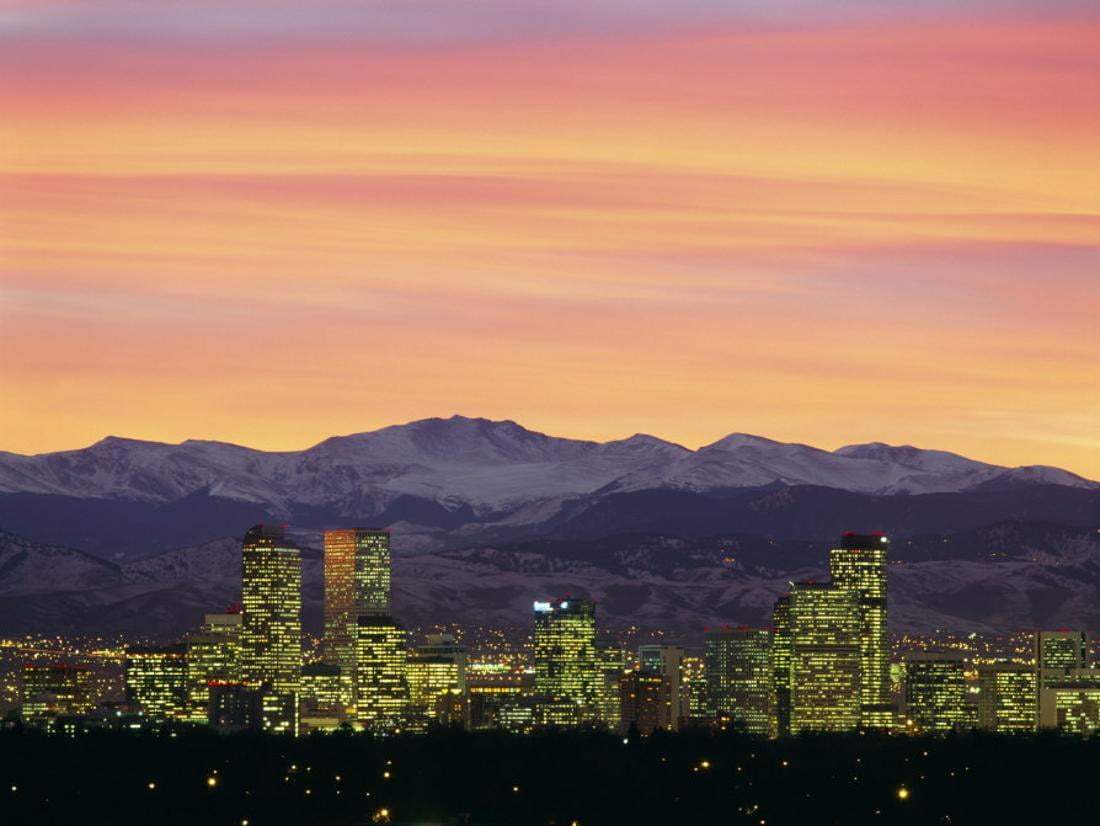 Skyline and Mountains at Dusk, Denver, Colorado, USA, Scenic Unframed