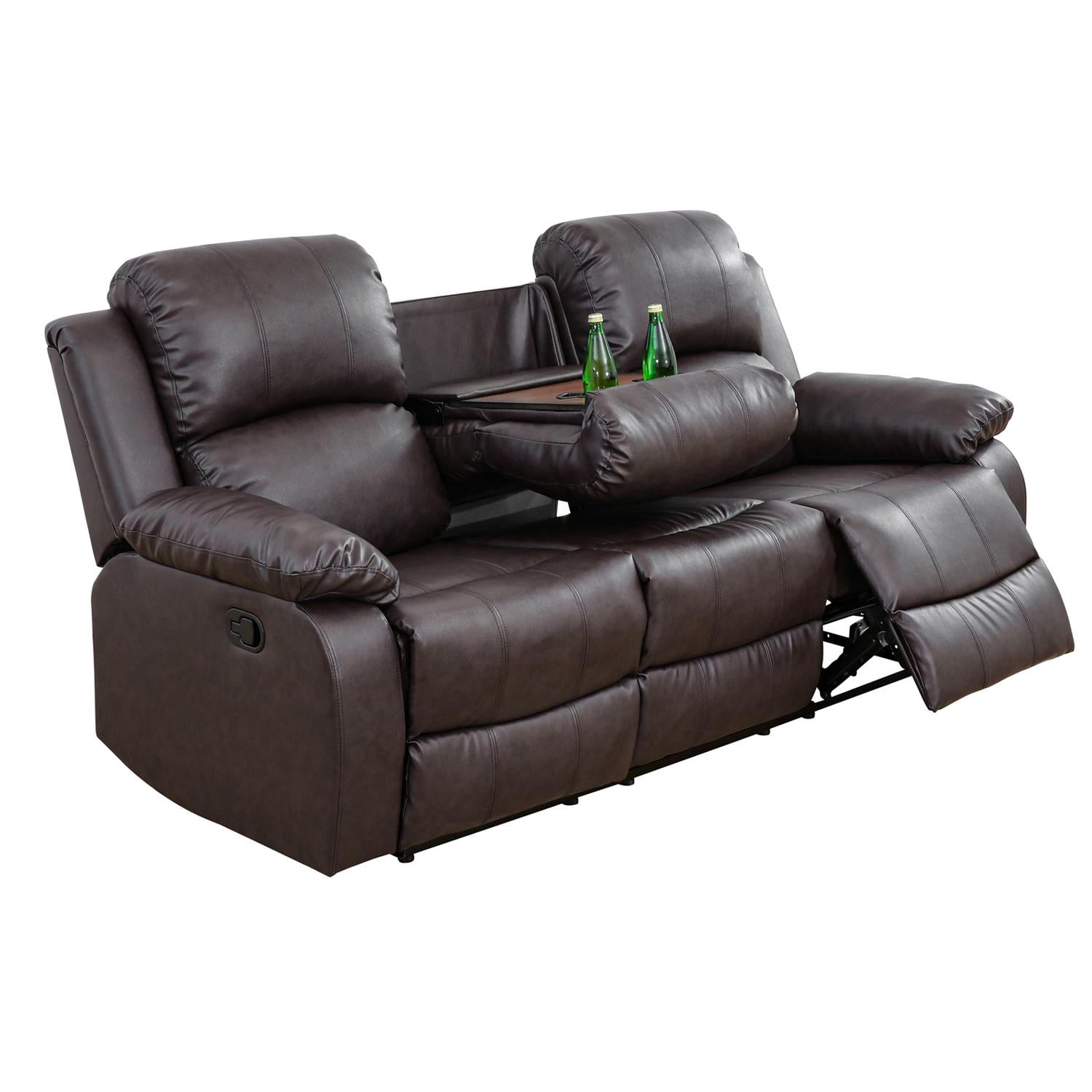 Gewnee Breathing leather Upholstered Manual Reclining Sofa with 3 Recliners and Cup Holders,Dark Coffee