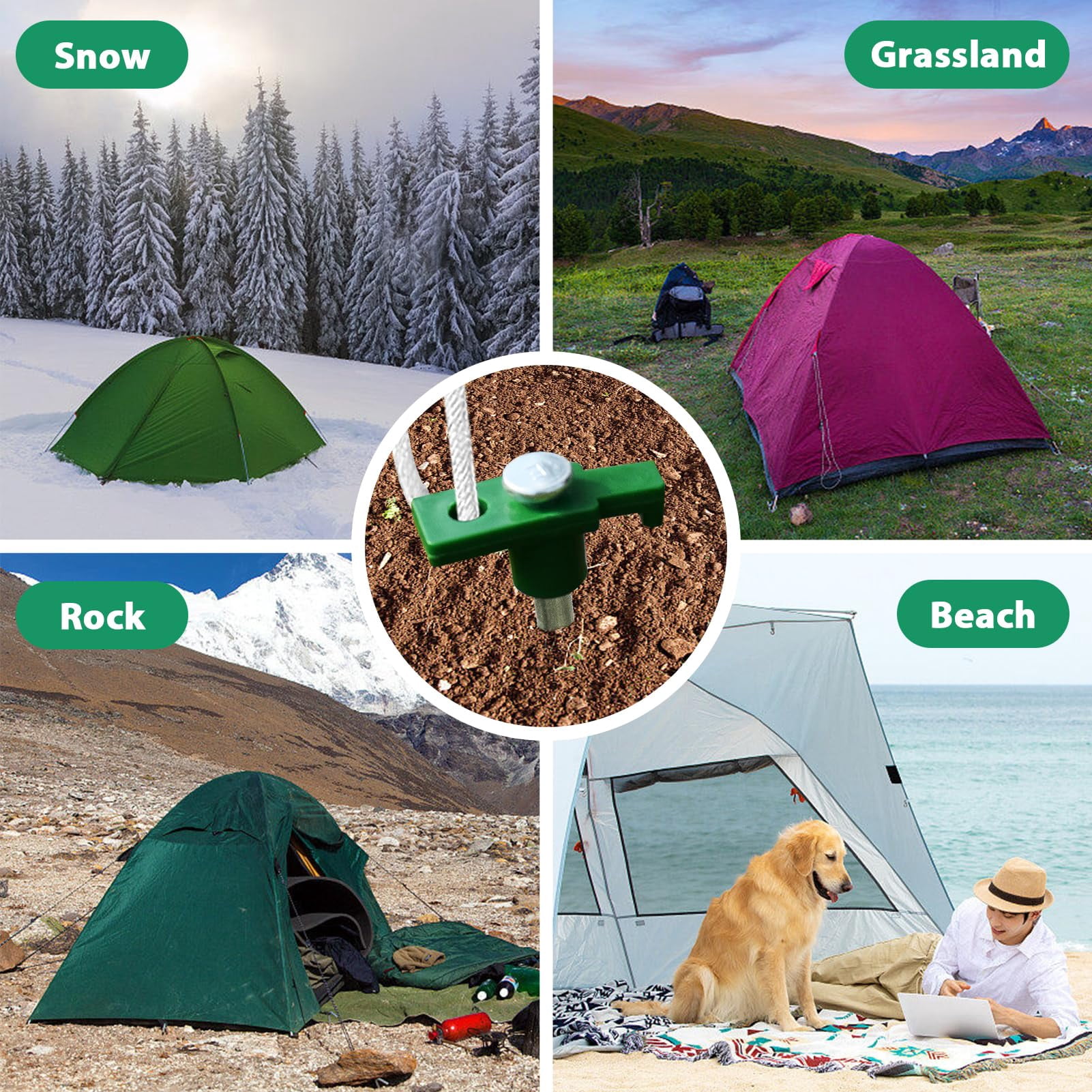 Galvanized Rust-Proof Camping Family Tent Pop-Up Tent Stakes Ice Tools Heavy Duty 10-Pack with 4x10ft Rope and 1 Green Stopper