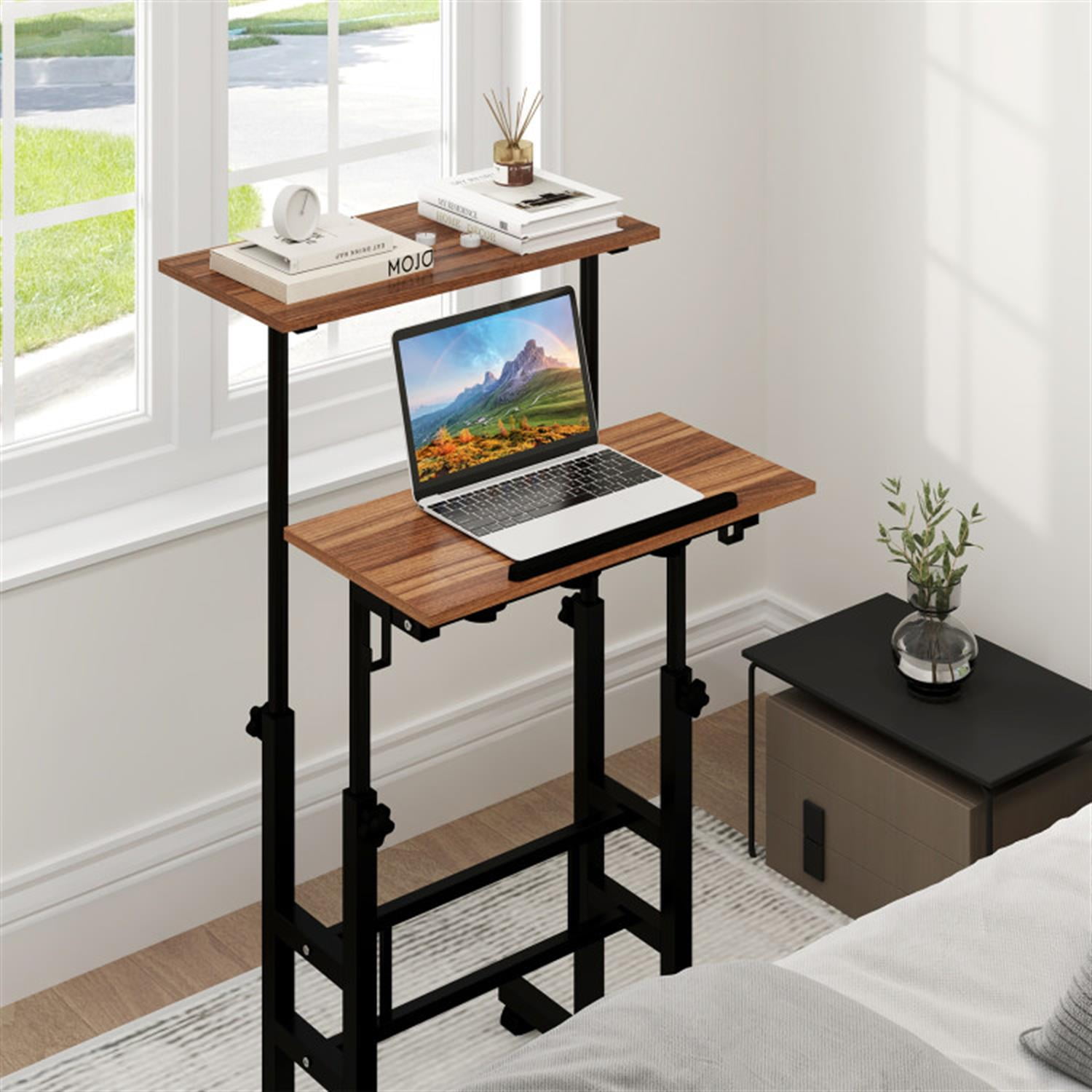 Demi Bonn Height Adjustable Mobile Standing Desk with Rolling Wheels for Office and Home, Laptop Workstation for Laptops, Books, Tablets, and Art, Brown