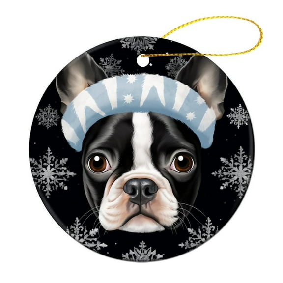Peeking Dog Boston Terrier in Santa Hat Snowflake Xmas Christmas Ceramic Ornament Best Dog 2024 Ornament Best Gifts for Christmas for Woman Friend Birthday