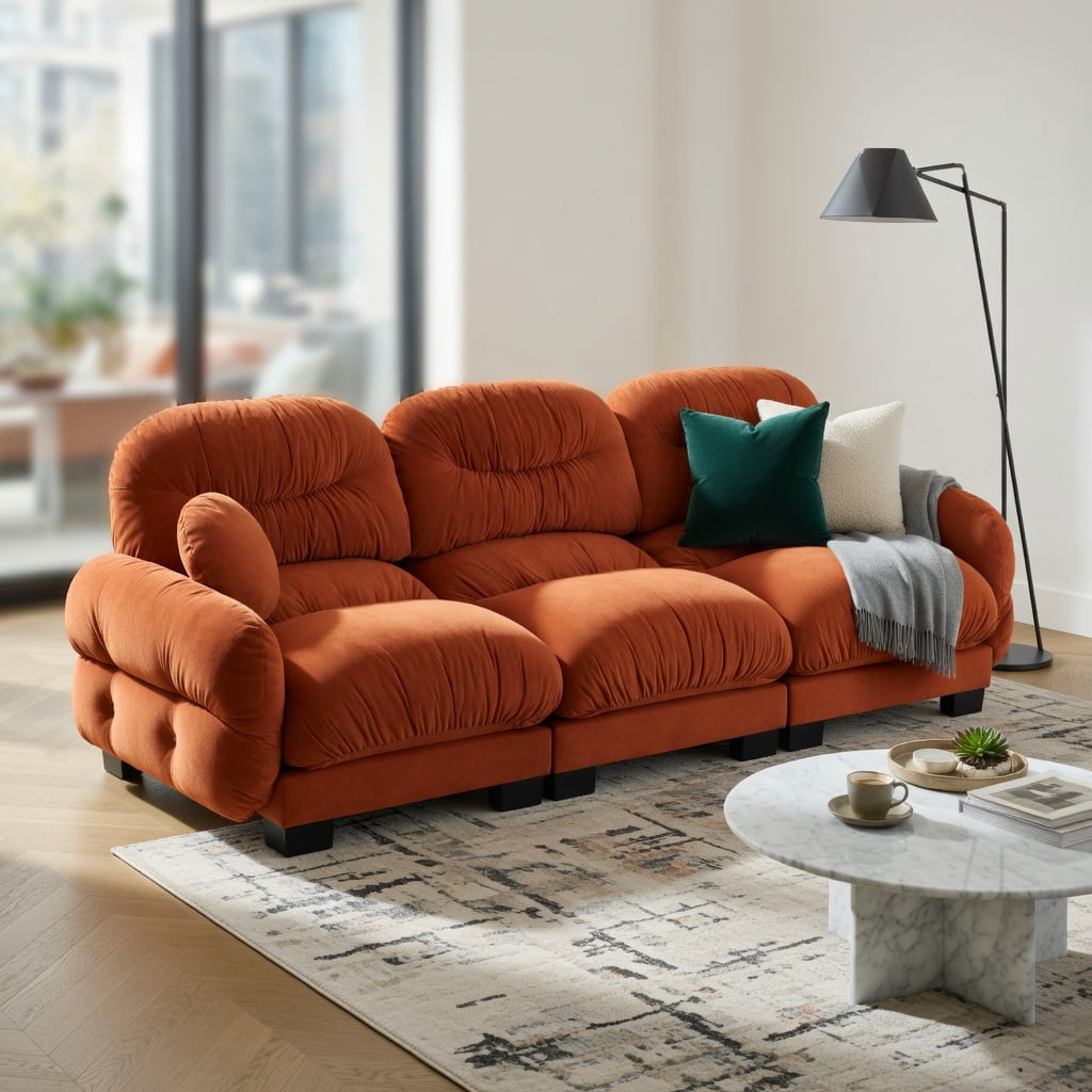 Hommoo Chenille 3-Seater Modular Sofa with Pleated Back, Ergonomic High-Density Foam & Curved Armrests, Includes 2 Round Throw Pillows, Orange