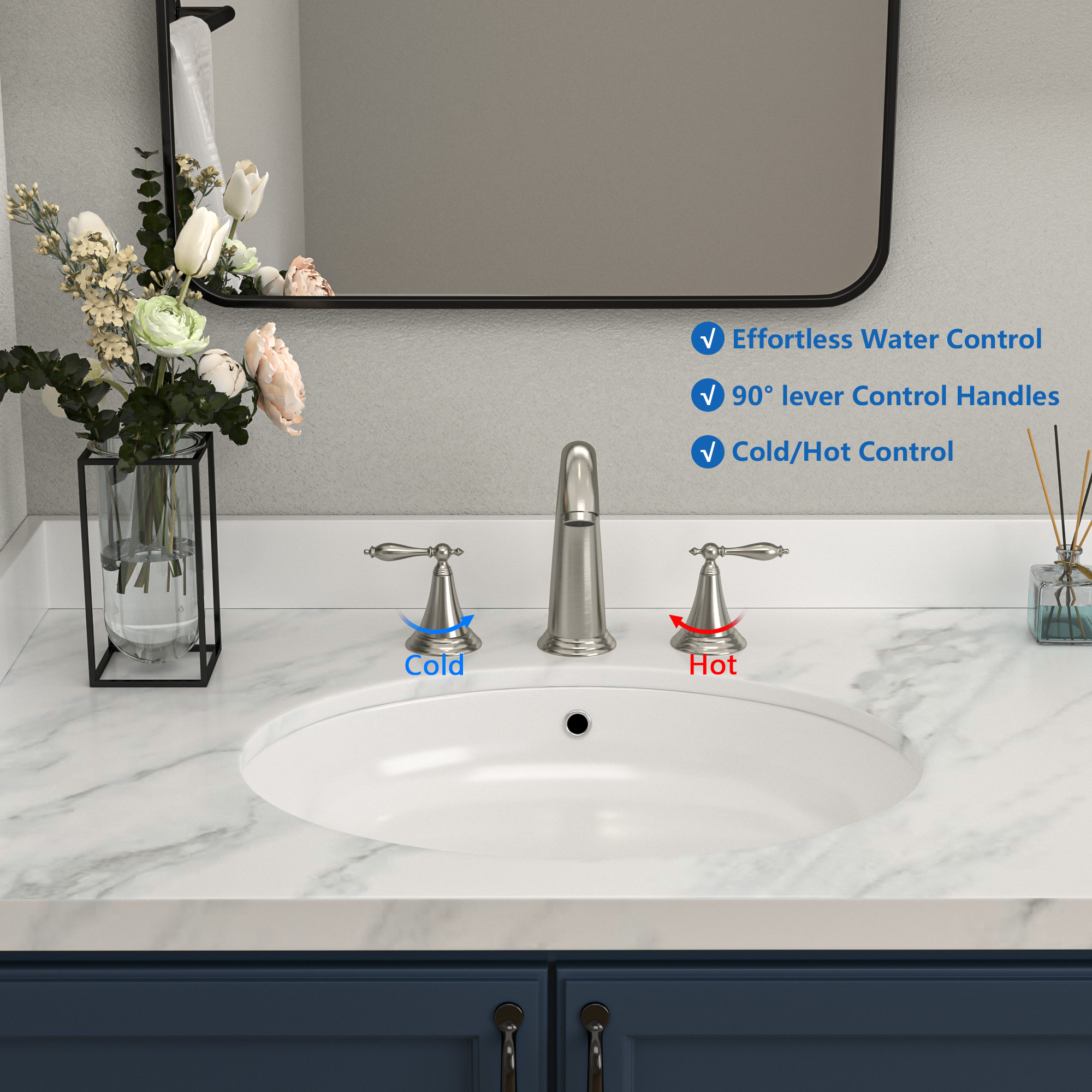 Brushed Nickel Bathroom Sink Faucet Bathroom Cabinet Vanity Faucet, 2- Handle Three-Hole Split Mount