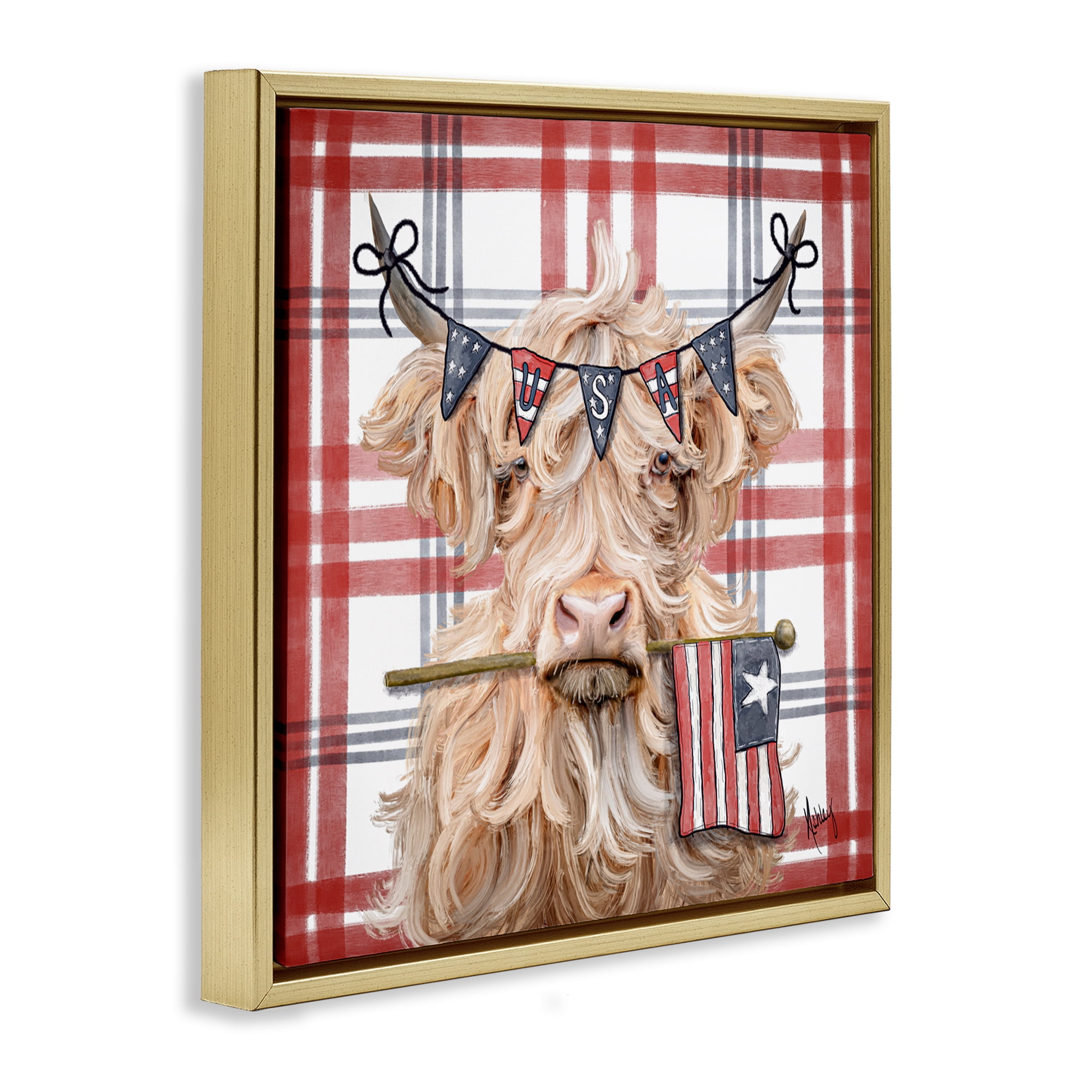 USA Plaid Highland Cattle Gold Framed Floater Canvas Wall Art, design by Ashley Bradley
