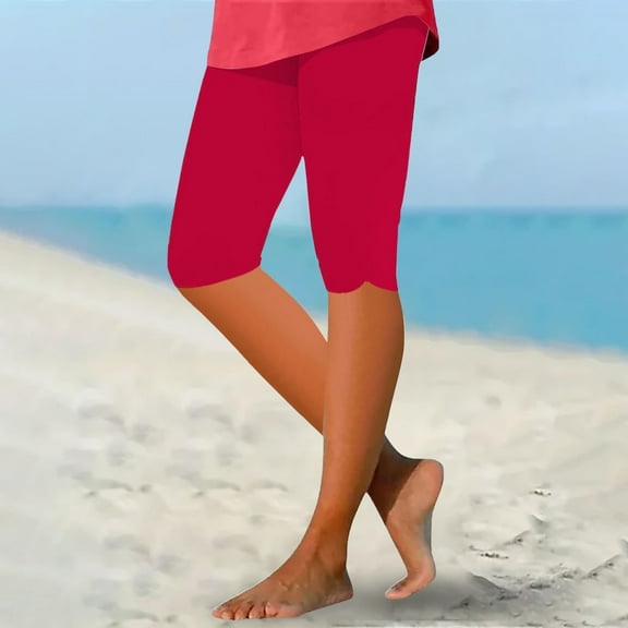 AKEGAMN Capri Leggings Knee Length Summer Cropped Pants Casual Solid Comfy, Red XL, Size S-3XL