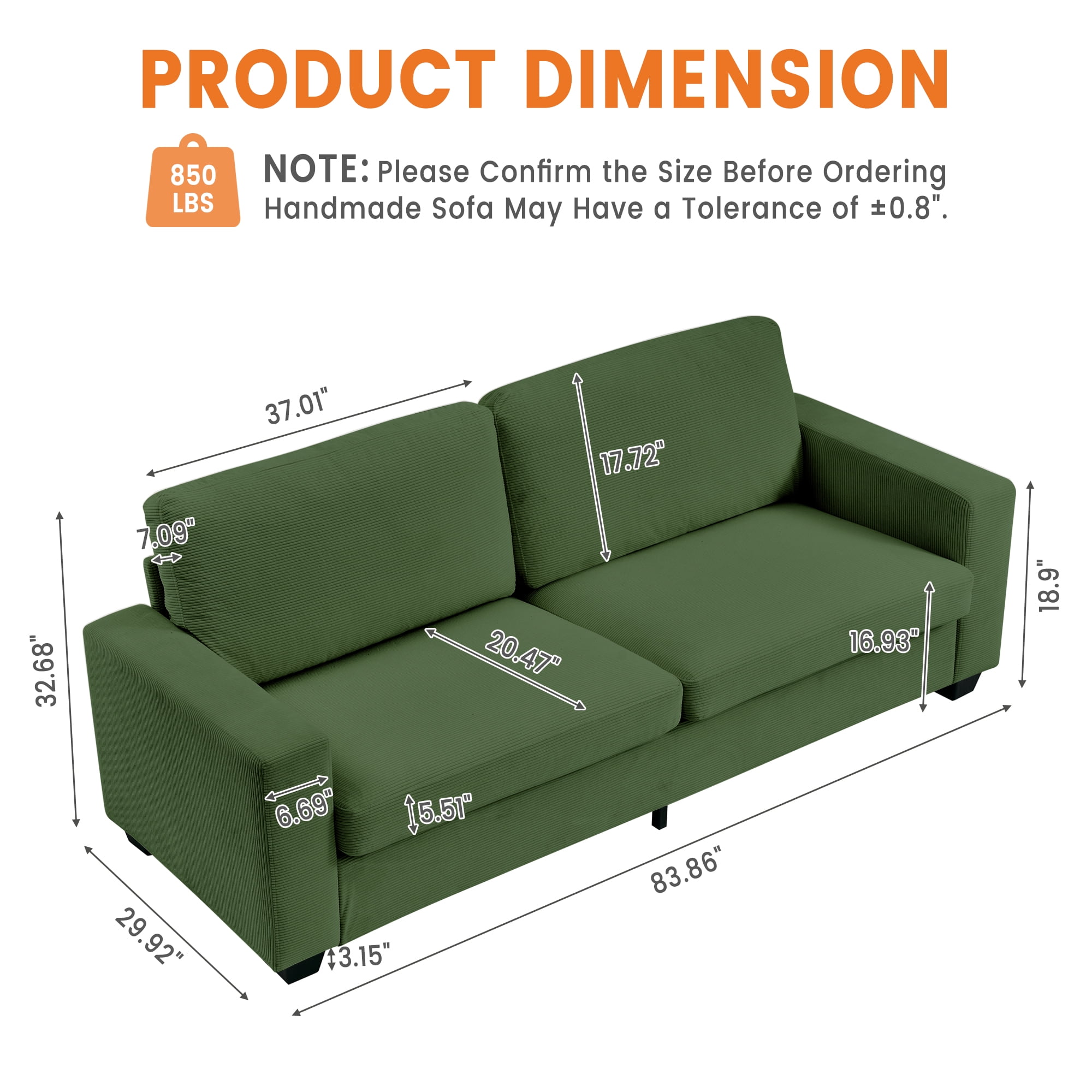 Kicctian 83" Wide 3-Seater Corduroy Couch with Deep Seat, Modern Sofa with Washable Covers and Wide Armrests, Comfortable Loveseat for Living Room, Bedroom, Office or Small Spaces,Green