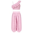 thumbnail image 2 of TSSOE Kids Girls Belly Jazz Dance Outfits Asymmetrical Shoulder Sequin Ruffle Crop Top with Wide-Leg Palazzo Trousers Set Pink 14, 2 of 5