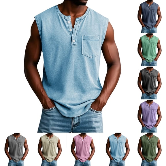 Purcolt Mens Athletic Tank Tops, Big and Tall Vintage Sleeveless Button Up Muscle Shirts Summer Casual Gym Running Workout Beach Tee Top with Pocket