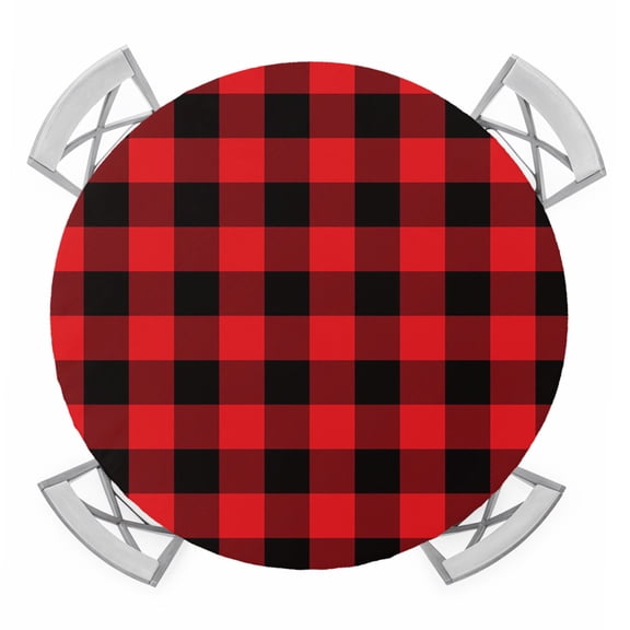 Red Black Buffalo Plaid Round Tablecloth for 36-44 Inch Tables, Fitted Table Cover with Elastic Edge, Black Red Checkered Waterproof Outdoor Table Cloth Protector for Patio Garden Dinner Picnic