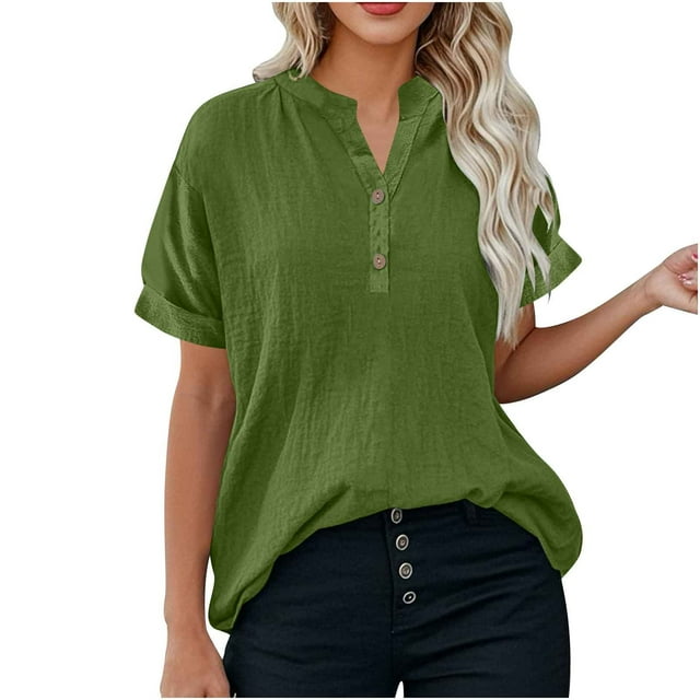 ShomPort Womens Linen Tops Summer Casual Button Down V Neck Tops Short Sleeve Casual Vacation Workout Clothes