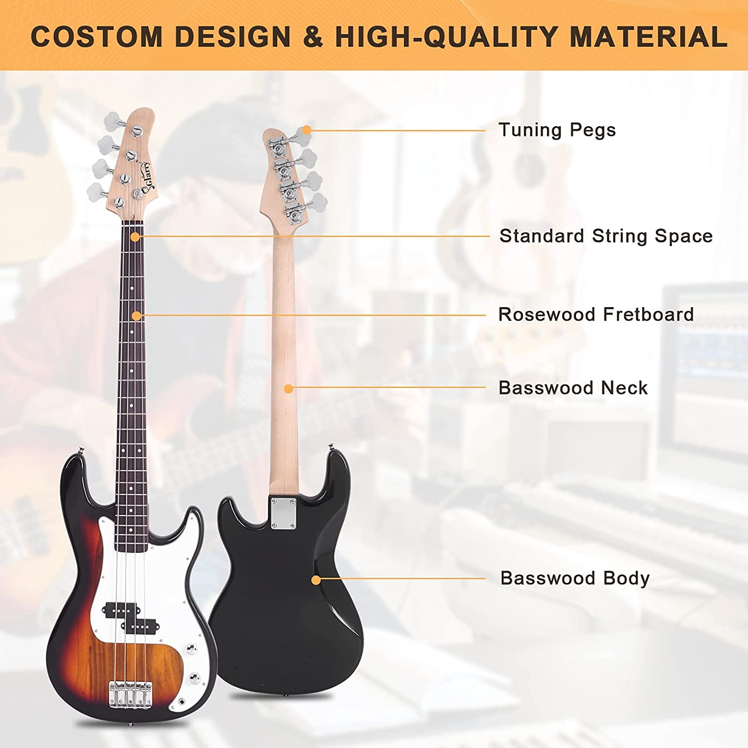 GLARRY Full Size Electric Bass Guitar with 20W AMP, 4 String Beginner Starter Kit with Accessories including Cable, Strap, Bag for Kids and Adults (Sunset)