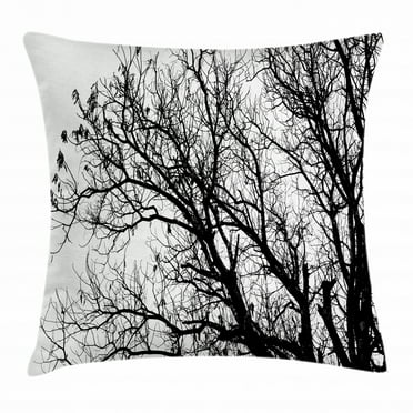 Nature Throw Pillow Cushion Cover, Leafless Autumn Fall Tree Branches Tops Oak Forest Woodland Season Eco Theme, Decorative Square Accent Pillow Case, 18 X 18 Inches, Black and White, by Ambesonne