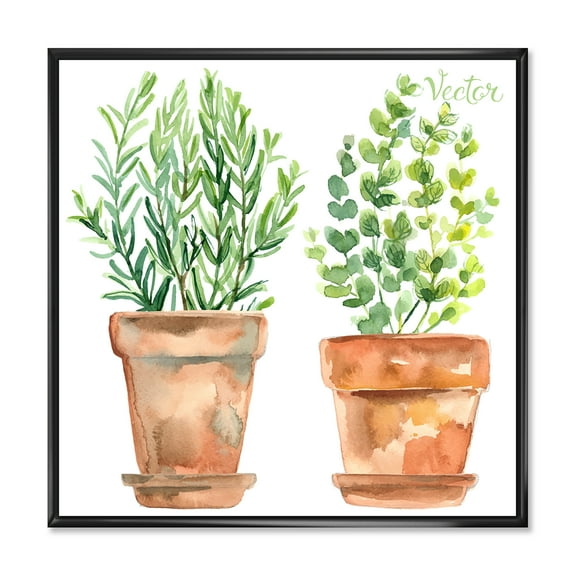 Designart 'Two Green House Plants In Orange Cly Pots' Traditional Framed Canvas Wall Art Print