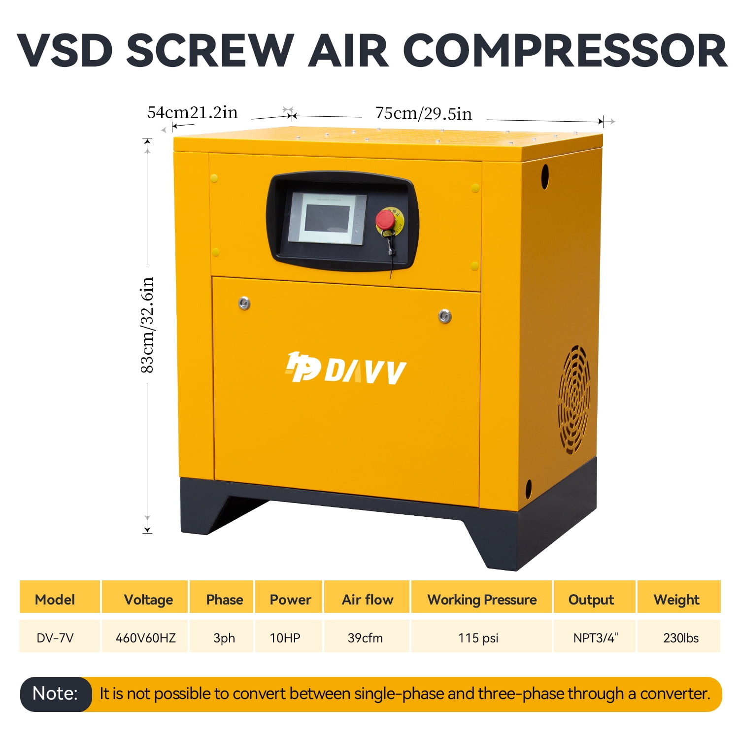 HPDAVV 460V Universal Variable Frequency Motor Rotary Screw Air Compressor - 10HP/7.5KW Three-phase compatible - 39CFM@115PSI Base Mounted Commercial Air Compressed System
