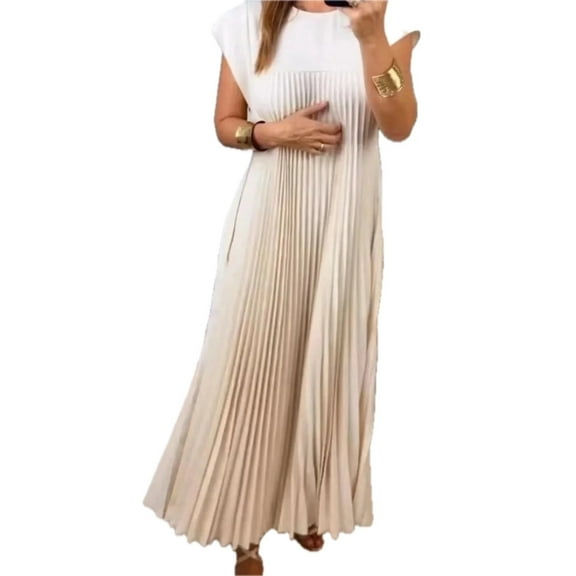 Women's Pleated Round Neck Maxi Dress 100% Polyester Plus Size Full Length Evening Gown Lightweight Easy Care