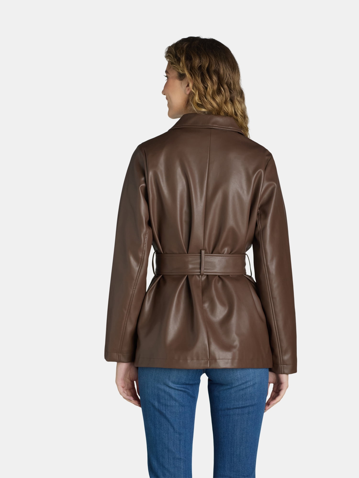 Time and Tru Women's and Women's Plus Faux Leather Cropped Belted Trench, Sizes XS-3X