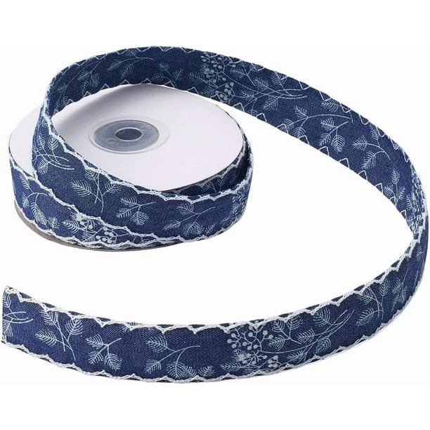 Cinta de poliéster azul de mezclilla de doble cara con estampado de hojas, 10 yardas y 1 pulgada, bordada