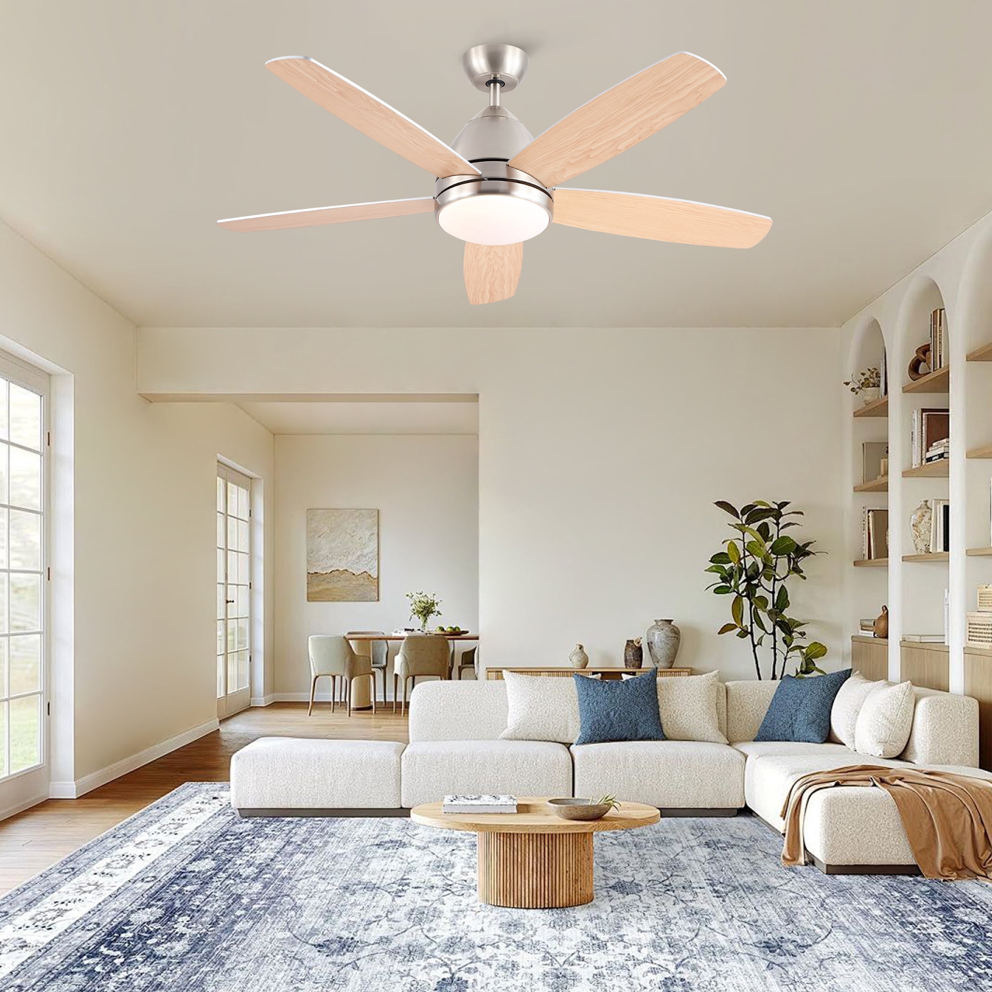 Leumius 52" Brushed Nickel Ceiling Fan with Intergrated LED Light Kit, Remote Control, 5 Plywood Blades and Work with Smart APP for Living Room Bedroom