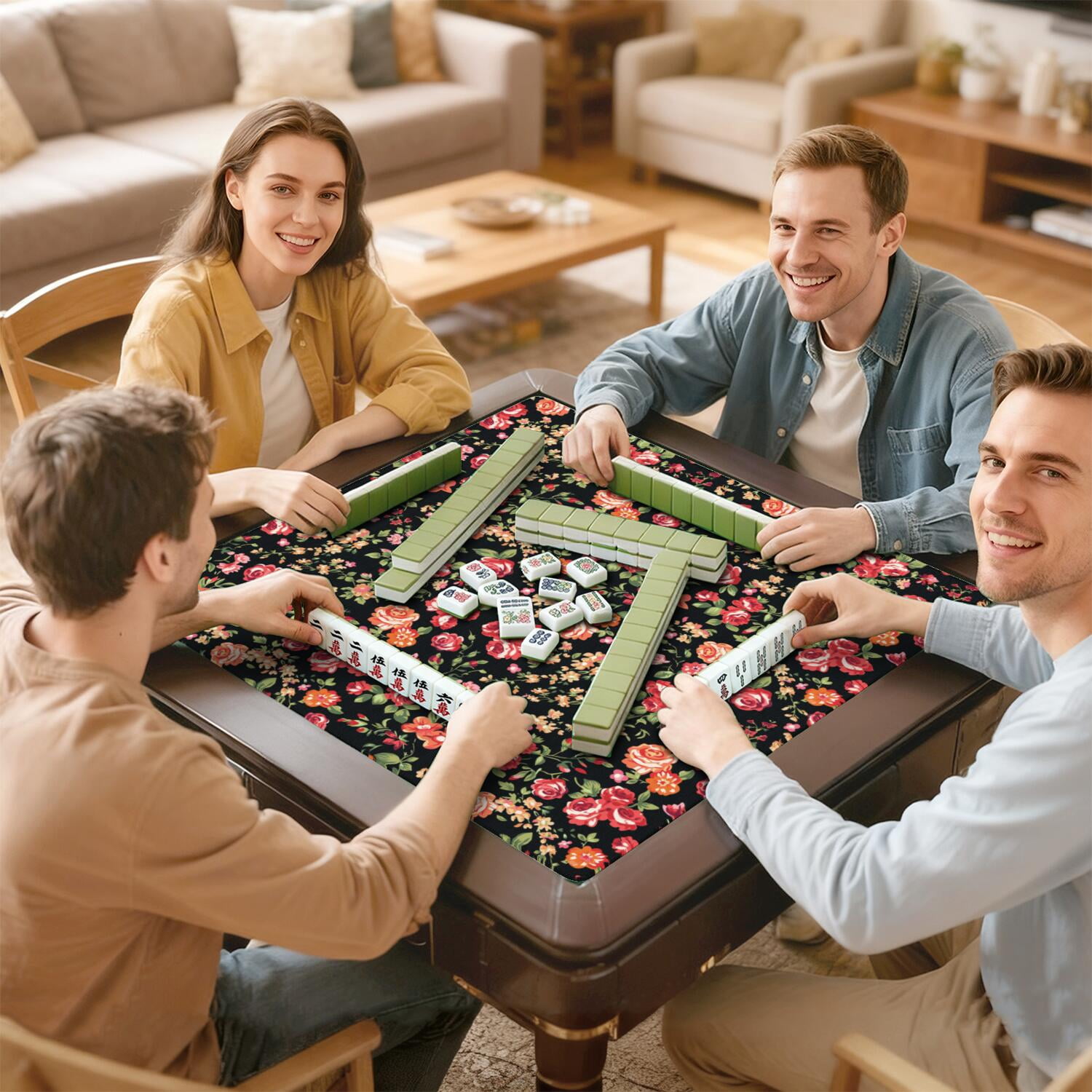 Floral Mahjong Table Gaming Mat 31.5x31.5 Inches Rubber Construction Provides Secure Surface for Tiles and Game Pieces